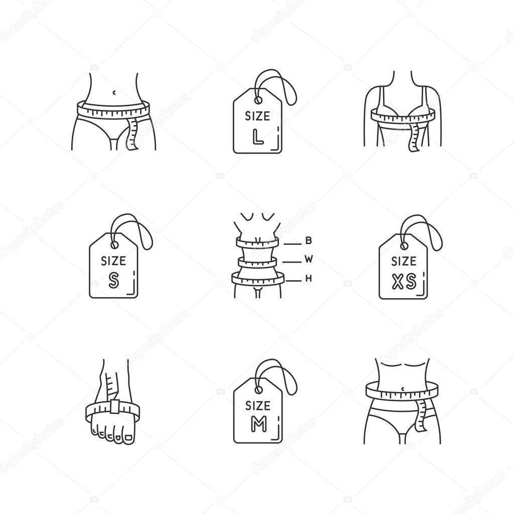 Female clothing sizes pixel perfect linear icons set. Various women body parameters, bespoke tailoring customizable thin line contour symbols. Isolated vector outline illustrations. Editable stroke