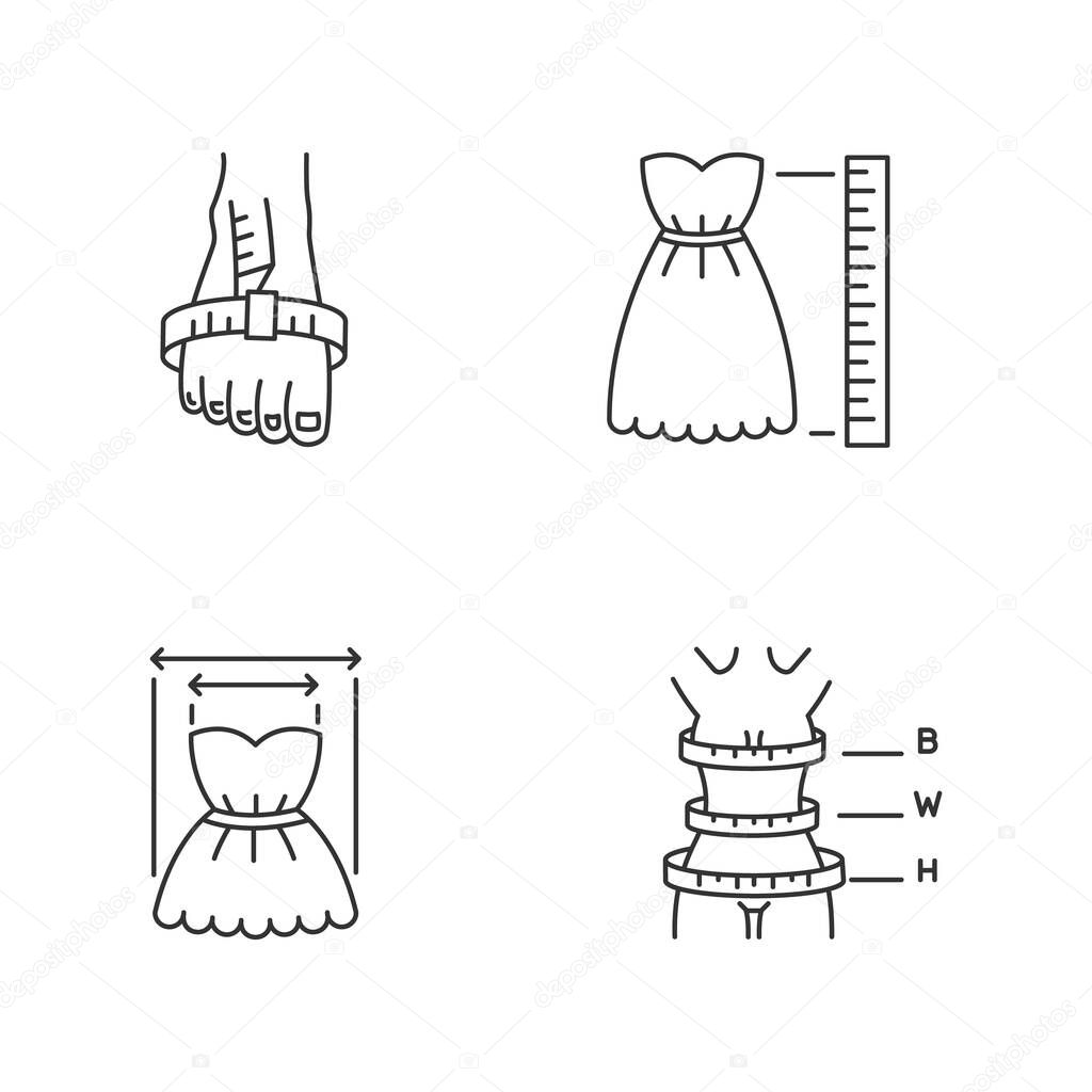Female clothing size measurements pixel perfect linear icons set. Body proportions and product dimensions customizable thin line contour symbols. Isolated vector outline illustrations. Editable stroke