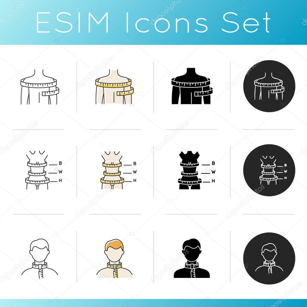 Human body sizing icons set. Linear, black and RGB color styles. Shoulders and neck circumferences, female body proportions. Tailoring parameters for bespoke clothing. Isolated vector illustrations