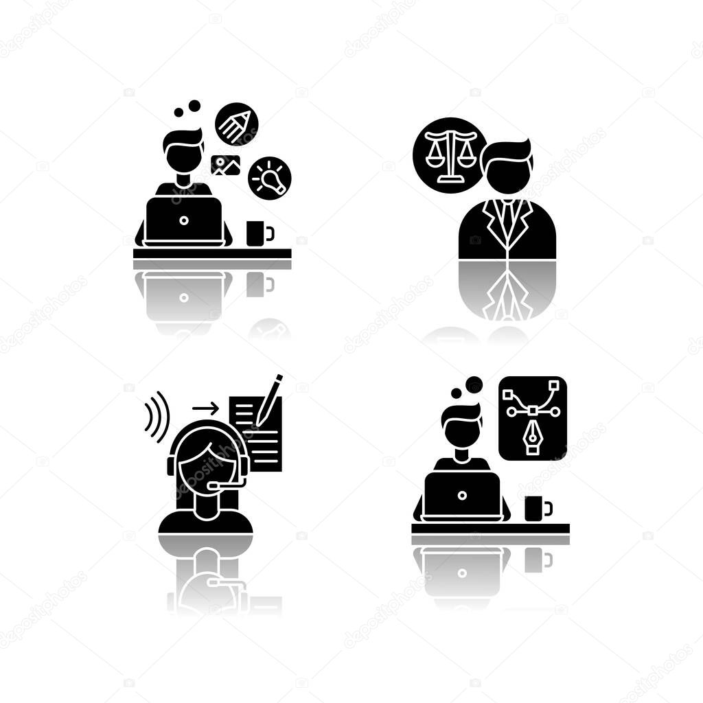 Distant workers drop shadow black glyph icons set. Creative and graphic design, transcription and legal service. Lawyer and designer, translator. Isolated vector illustrations on white space