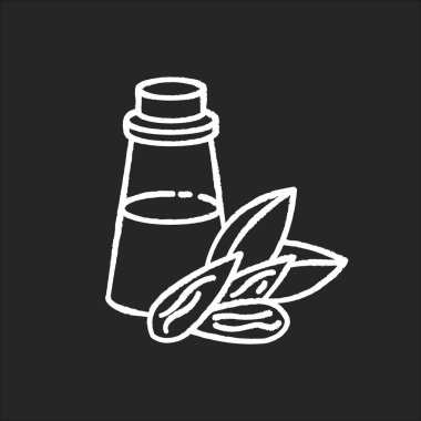 Siyah arkaplanda badem yağı beyaz tebeşir simgesi. Esans için organik malzeme. Masaj yağı. Kuru saç tedavisi için doğal kozmetik ürünü. İzole edilmiş vektör karatahta çizimi