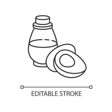 Avokado yağı pikseli mükemmel doğrusal simge. Kavanozda organik antioksidan sıvısı var. Vegan cilt bakımı. İnce çizgi özelleştirilebilir illüstrasyon. Contour sembolü. Vektör izole çizim. Düzenlenebilir vuruş