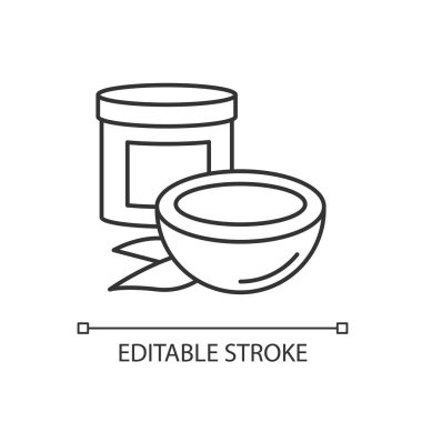 Hindistan cevizi yağı pikseli mükemmel doğrusal simge. Organik besleyici saç bakımı. Kavanozda saç maskesi. İnce çizgi özelleştirilebilir illüstrasyon. Contour sembolü. Vektör izole çizim. Düzenlenebilir vuruş