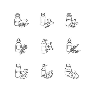 Saç yağı pikseli mükemmel doğrusal simgeler ayarlandı. Kavanozda hindistan cevizi kozmetik maskesi. Üzüm tohumu serumu tedavisi. Özelleştirilebilir ince çizgi şekilleri. İzole vektör çizimi çizimleri. Düzenlenebilir vuruş