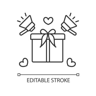 Ürün tanıtım pikseli mükemmel doğrusal simge. Kurdeleli hediye kutusu. Alışveriş kampanyası. İnce çizgi özelleştirilebilir illüstrasyon. Contour sembolü. Vektör izole çizim. Düzenlenebilir vuruş