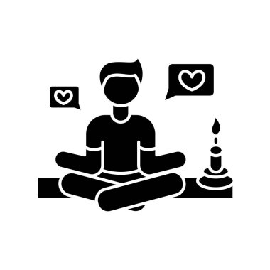 Yaşam tarzı guru siyah kabartma simgesi. Meditasyon yapan kişi hoşlanmaya başlıyor. Uyum ve stres atma. Yaşam koçu. Zen ve yoga. Beyaz uzayda siluet sembolü. Vektör izole illüstrasyonu