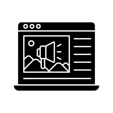 Reklam veriliyor. Siyah kabartma simgesi yerleştirin. Reklamlı bir web sitesi. Promosyonlu dizüstü bilgisayar görüntüsü. Dijital pazarlama, hoparlör işareti. Beyaz uzayda siluet sembolü. Vektör izole illüstrasyonu