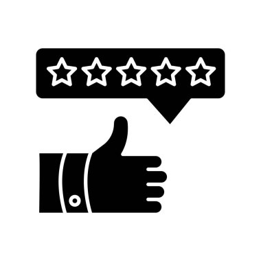 Ürün incelemesi siyah kabartma simgesi. Başparmaklar yukarı. Beş yıldızlı film. Mükemmel kalite. Müşteri memnuniyeti oranı. Değerlendirme ve değerlendirme. Beyaz uzayda siluet sembolü. Vektör izole illüstrasyonu