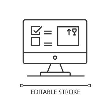 Otomatik takip sistemi pikseli mükemmel doğrusal simge. Envanter yönetim yazılımı, program. İnce çizgi özelleştirilebilir illüstrasyon. Contour sembolü. Vektör izole çizim. Düzenlenebilir vuruş