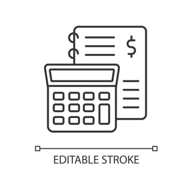 Finansal muhasebe pikseli mükemmel doğrusal simge. Envanter yönetimi, muhasebe, denetleme. İnce çizgi özelleştirilebilir illüstrasyon. Contour sembolü. Vektör izole çizim. Düzenlenebilir vuruş