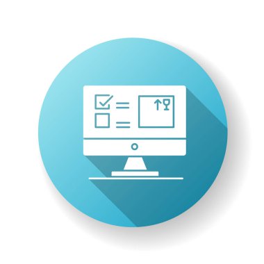 Otomatik izleme sistemi mavi düz dizayn uzun gölge simgesi. Envanter yönetimi yazılımı, program, gösterge paneli. Kullanılabilirlik kontrol uygulaması. Siluet RGB renk çizimi