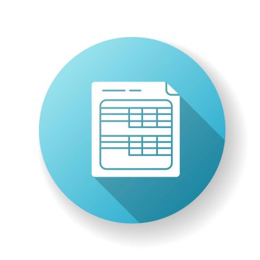 Tablolar mavi düz tasarım uzun gölge simgesi. İş analizleri ve mali muhasebe raporu, denetim soruşturma belgesi. Veritabanı, bilanço. Siluet RGB renk çizimi