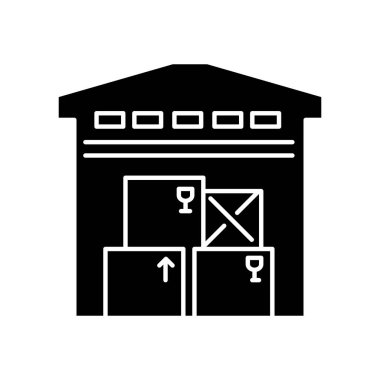 Siyah kabartma simgesi depolanıyor. Ticari eşya deposu, depo binası, deponun dışı. Sanayi tesisleri, fabrika katı. Beyaz uzayda siluet sembolü. Vektör izole illüstrasyonu