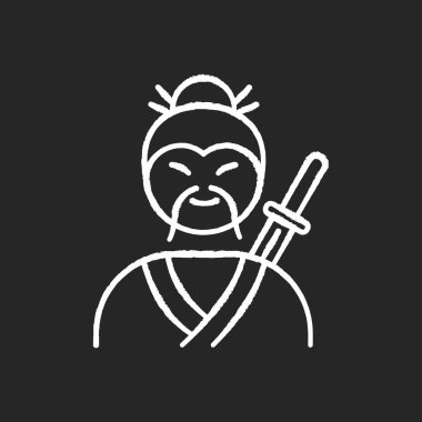 Samuray tebeşiri siyah arkaplanda beyaz simge. Asya dövüş sanatları dövüşçüsü. Bıyıklı ve katanalı yaşlı bir adam. Çinli ortaçağ askeri. Japon silahşör. İzole edilmiş vektör karatahta çizimi