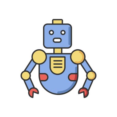 Robot RGB renk simgesi. Yenilikçi teknoloji. Yapay zeka. Gelecekçi çocuk oyuncağı. Şirin sayborg maskotu. İnsansı makine. Otomatik mekanizma. İzole vektör illüstrasyonu
