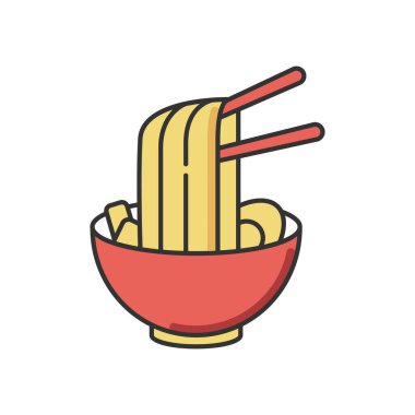 Ramen RGB renk simgesi. Çubuklu hazır erişte kasesi. Geleneksel Japon sobası. Asya mutfağı. Çin mutfağı yemeği. Kore sokak fast food 'u. İzole vektör illüstrasyonu