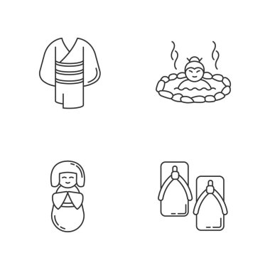 Japonya piksel mükemmel doğrusal simgeler seti. Kimono kıyafetleri. Yukata ayakkabıları. Geleneksel Japon özellikleri. Özelleştirilebilir ince çizgi şekilleri. İzole vektör çizimi çizimleri. Düzenlenebilir vuruş