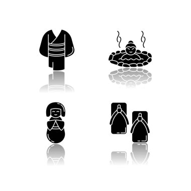 Japonya siyah simge simgeleri bırakıyor. Kimono kıyafetleri. Yukata ayakkabıları. Asya kaplıcaları. Kokeshi bebeği. Geleneksel Japon özellikleri. Beyaz uzayda izole vektör çizimleri