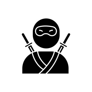 Ninja siyah sembol. Geleneksel Japon savaşçısı. Maskeli ve kostümlü Asyalı suikastçı. İki katanalı samuray. Kılıçlı paralı asker. Beyaz uzayda siluet sembolü. Vektör izole illüstrasyonu