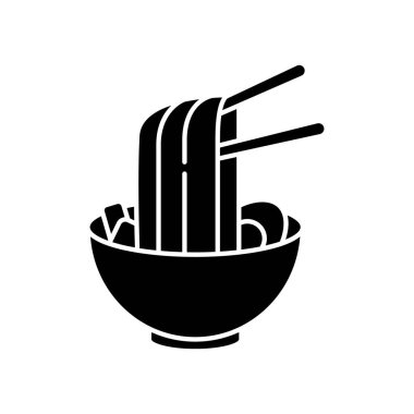 Ramen siyah kabartma simgesi. Çubuklu hazır erişte kasesi. Geleneksel Japon sobası. Asya mutfağı. Çin mutfağı yemeği. Beyaz uzayda siluet sembolü. Vektör izole illüstrasyonu