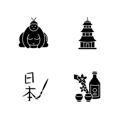 Japonya 'nın siyah simgeleri beyaz uzaya sabitlendi. Sumo dövüşçüsü. Shintoizm tapınağı. Asya el yazısı. Sake, alkol içeceği. Geleneksel Japon özellikleri. Siluet sembolleri. Vektör izole illüstrasyonu