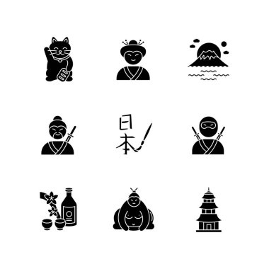 Japonya 'nın siyah simgeleri beyaz uzaya sabitlendi. Maneki neko. Geyşa kadın. Fuji Dağı. Samuray ve ninja. Asya el yazısı. Japon özellikleri. Siluet sembolleri. Vektör izole illüstrasyonu