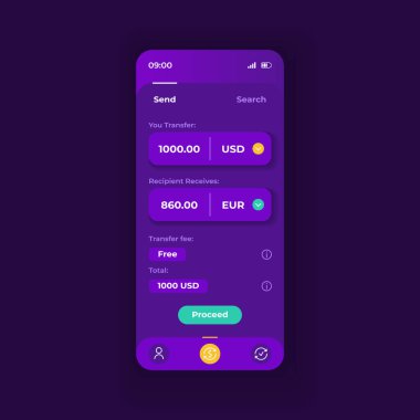Para işlemleri uygulaması akıllı telefon arayüz vektör şablonu. Mobil uygulama sayfası karanlık tema tasarımı düzeni. Para transferi, değişim ekranı. Başvuru için düz UI. Telefon ekranında aktarım