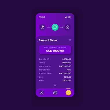 Çevrimiçi ödeme uygulaması akıllı telefon arayüz vektör şablonu. Mobil uygulama sayfası karanlık tema tasarımı düzeni. Aktarım durumu ekranı. Başvuru için düz UI. Telefon ekranında para transferi detayları
