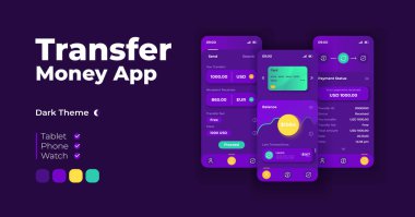 Para transferi uygulaması çizgi film akıllı telefon arayüz vektör şablonları ayarlandı. Mobil uygulama ekran gece modu tasarımı. Uygulama için kullanıcı hesabı ve işlem bilgileri UI. Düz karakterli telefon görüntüsü