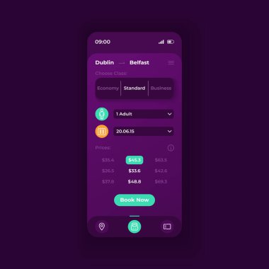 Biletler uygulama akıllı telefon arayüzü vektör şablonu sipariş eder. Mobil uygulama sayfası karanlık tema tasarımı düzeni. Seyahat bilgi ekranı. Başvuru için düz UI. Tur fiyatı ve ayrıntılar telefon ekranında