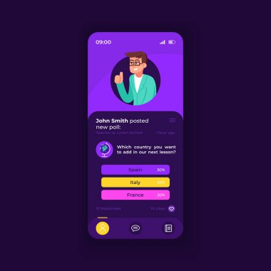 E öğrenme uygulaması akıllı telefon arayüz vektör şablonu. Eğitimsel mobil uygulama sayfası karanlık tema tasarımı düzeni. Öğretmen postası ekranı. Başvuru için düz UI. Telefon ekranında uzak öğretmen