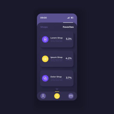E alışveriş uygulaması akıllı telefon arayüz vektör şablonu. Mobil uygulama sayfası karanlık tema tasarımı düzeni. Favori çevrimiçi mağaza listesi ekranı. Başvuru için düz UI. Telefon ekranında mağaza derecesi