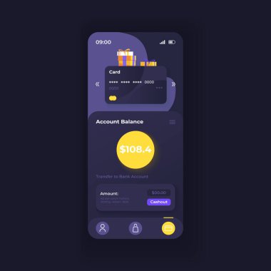 Çevrimiçi bankacılık uygulaması akıllı telefon arayüz vektör şablonu. Mobil uygulama sayfası karanlık tema tasarımı düzeni. Hesap dengesi ekranı. Başvuru için düz UI. Telefon ekranında sanal cüzdan