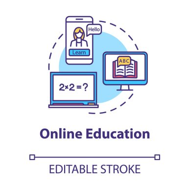 Çevrimiçi eğitim kavramı ikonu. Bilgisayarla öğreniyorum. İnternet atölyeleri ve uzmanlar. Uzaktan öğrenme fikri ince çizgi çizimi. Vektör izole edilmiş RGB renk çizimi. Düzenlenebilir vuruş