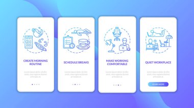 İçişleri Bakanlığı mobil uygulama sayfası ekranına konseptlerle ilgili ipuçları veriyor. Sabah rutini ve çalışma alanı konforu dört adımlık grafik talimatlar. RGB renk resimleriyle UI vektör şablonu