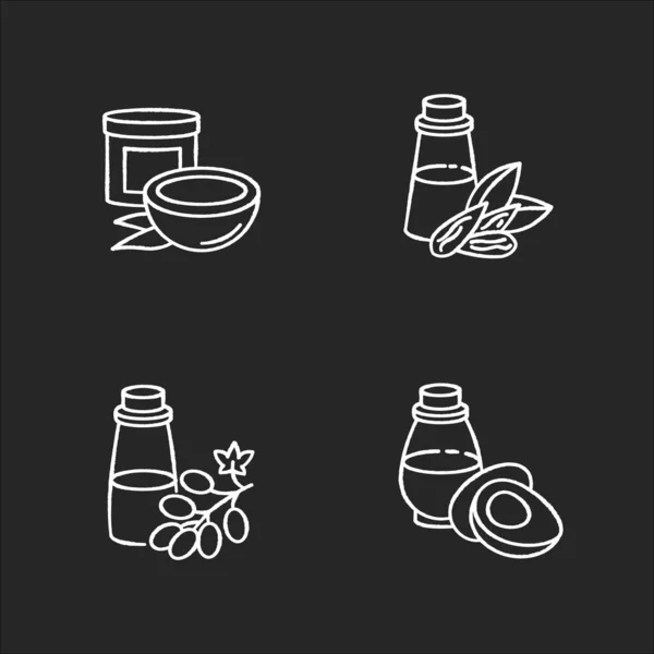 发油粉笔白色图标设置在黑色背景 Jojoba精华素对健康的营养 角蛋白护发配方 瓶子里有迷迭香提取物 孤立的病媒黑板插图 — 图库矢量图片