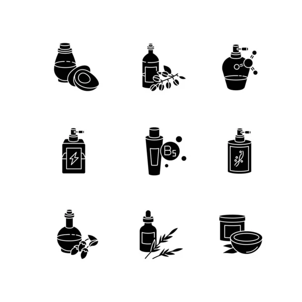 Aceites Para Cabello Iconos Glifo Negro Establecidos Espacio Blanco Proteína — Vector de stock