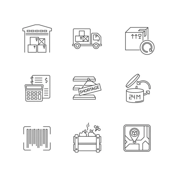 Inventory Management Pixel Perfect Linear Icons Set Storage Place Spoilage — Stock Vector