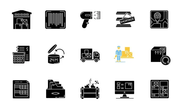 Inventory Tracking Black Glyph Icons Set White Space Warehousing Goods — Stock Vector