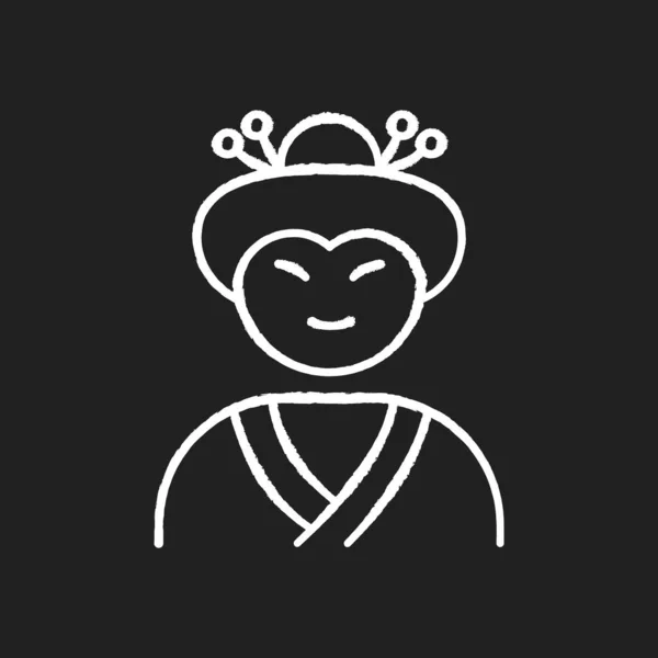 Geisha粉笔白色图标黑色背景 穿着亚洲服装的日本女人 Geiko穿着传统发型的服装 美子穿上衣服民族表演者 孤立的矢量黑板插图 — 图库矢量图片