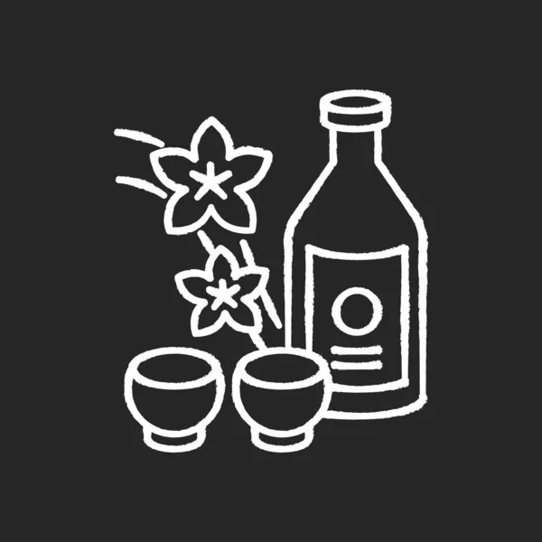 Sake Křída Bílá Ikona Černém Pozadí Japonské Rýžové Víno Sakura — Stockový vektor