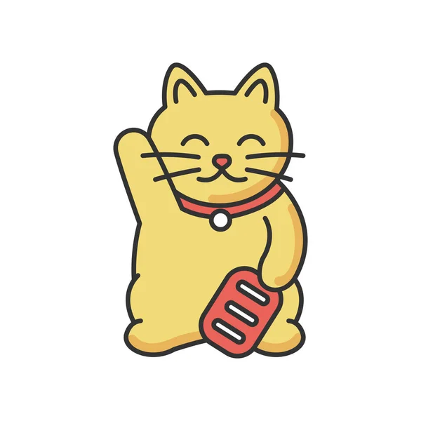 ゴールド招き猫Rgbカラーアイコン 福をもたらす日本の伝統的なマスコット 日本の東洋土産 運のためのキティのお守り 足を振ってかわいい子猫の置物 分離ベクトル図 — ストックベクタ