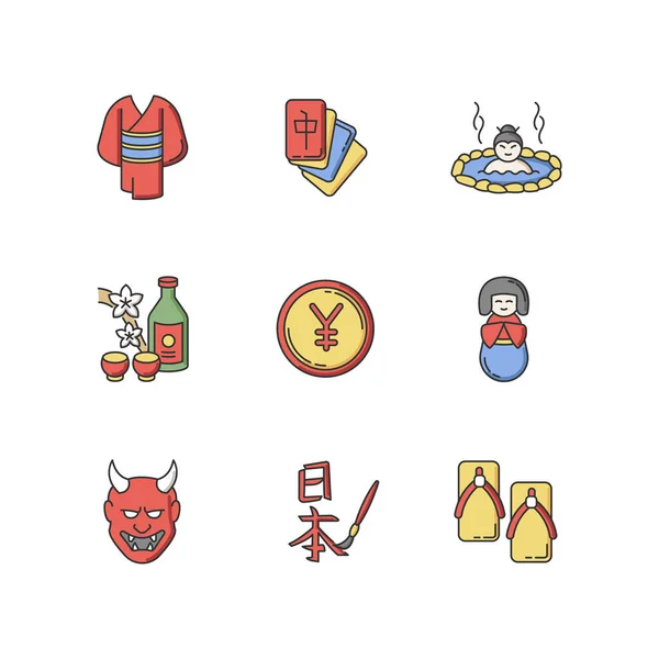 Conjunto Iconos Color Rgb Japón Yukata Kimono Mahjong Juego Aguas — Vector de stock