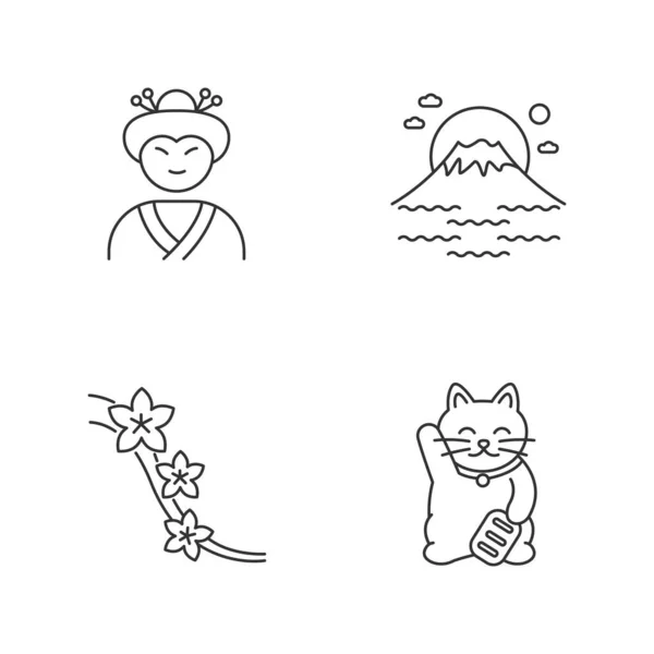 Japón Píxel Conjunto Iconos Lineales Perfectos Cara Geisha Monte Fuji — Vector de stock