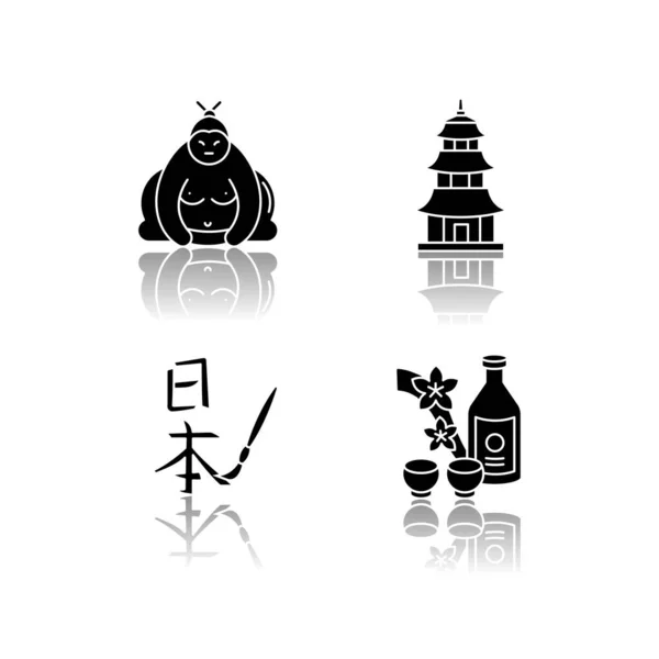 Japán Árnyék Fekete Jel Ikonok Beállítva Szumó Harcos Sintoizmus Templom — Stock Vector