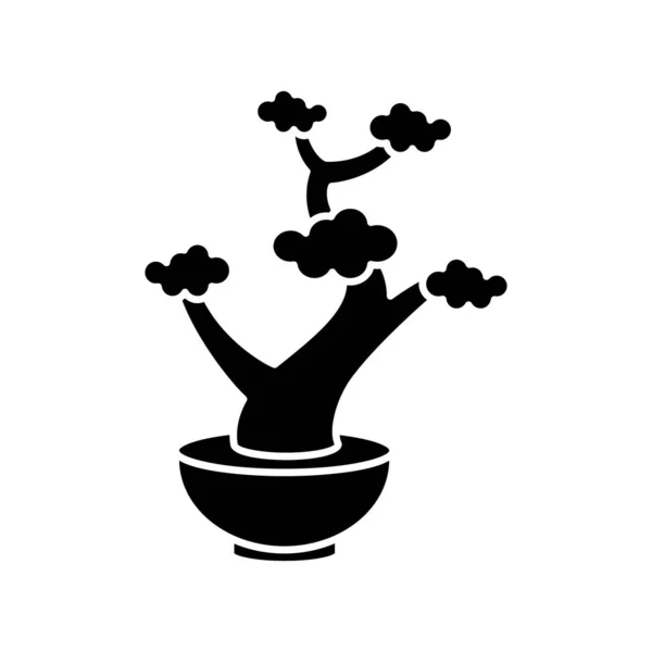 盆景黑色象形文字 小小的盆栽树 装饰园艺 有矮小的植物 分枝上有叶子 白色空间上的轮廓符号 矢量孤立的说明 — 图库矢量图片