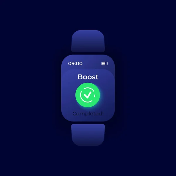 Boost Voltooid Smartwatch Interface Vector Template Mobiele App Notificatie Nachtmodus — Stockvector