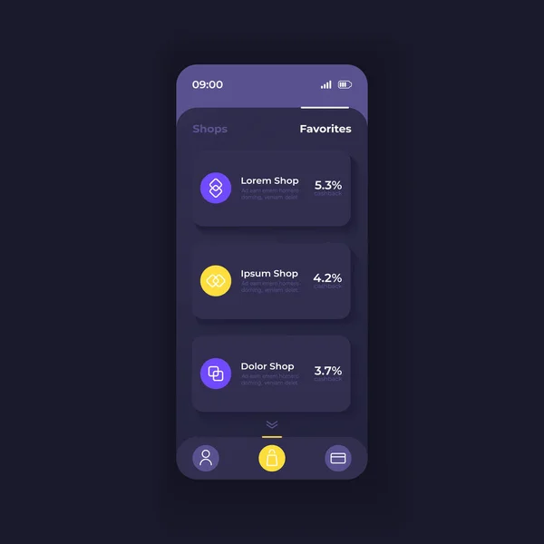Shopping Anwendung Smartphone Schnittstelle Vektorvorlage Mobile App Seite Dunkles Design — Stockvektor