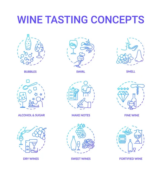 Şarap tatma konsepti ayarlandı. İçme kalitesi değerlendirmesi, alkollü içecek arıtma, şarapçılık fikri ince çizgi RGB renk çizimleri. Vektör izole çizimleri