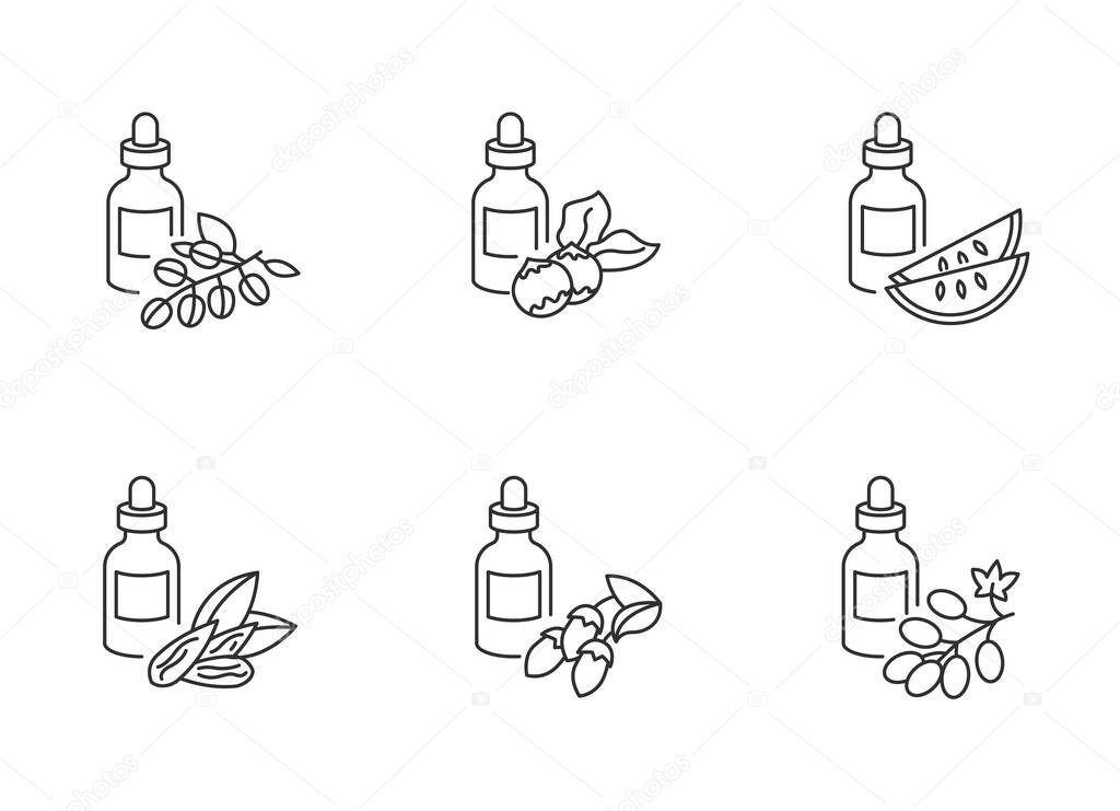 Hair oils pixel perfect linear icons set. Avocado beauty product. Kalahari melon essence in glass jar. Customizable thin line contour symbols. Isolated vector outline illustrations. Editable stroke